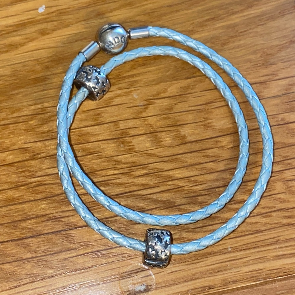 Pandora Metallic Light Blue Leather Rope Bracelet with 2 Clip Charms